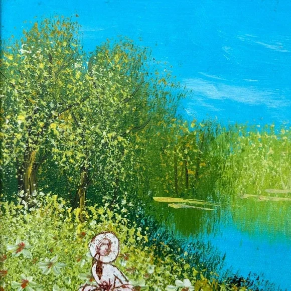 Vintage Landscape Impressionist Oil Painting of a Lady by a Lake. - Picture 4 of 11